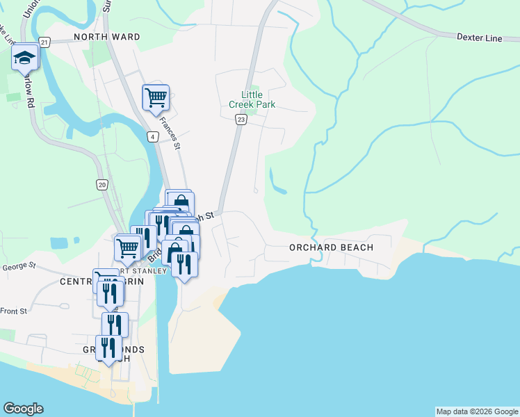 map of restaurants, bars, coffee shops, grocery stores, and more near 42 Little Creek Place in Port Stanley