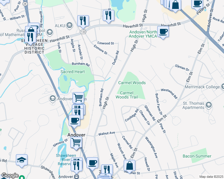map of restaurants, bars, coffee shops, grocery stores, and more near 111 High Street in Andover