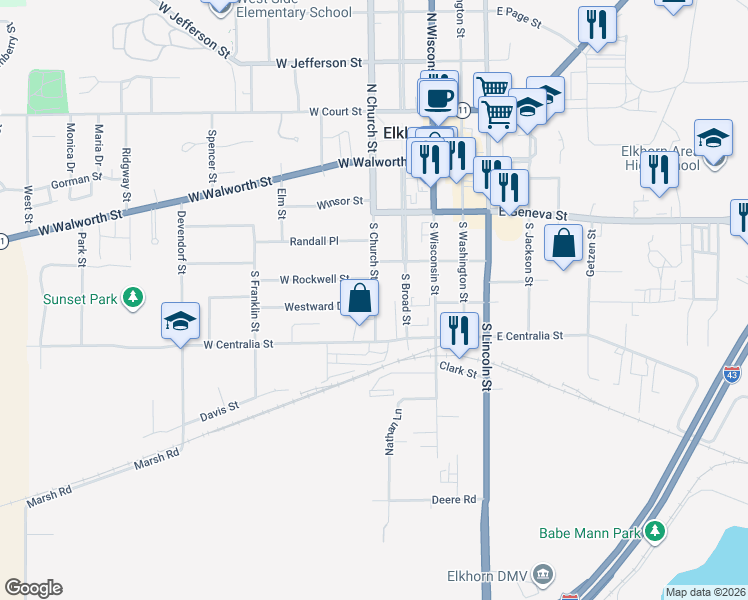 map of restaurants, bars, coffee shops, grocery stores, and more near 202 Westward Drive in Elkhorn