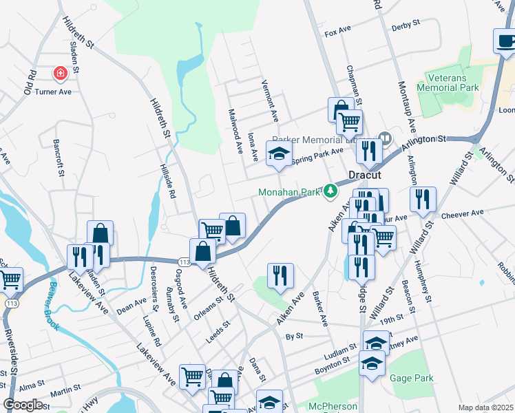 map of restaurants, bars, coffee shops, grocery stores, and more near 17 Dorothy Avenue in Dracut