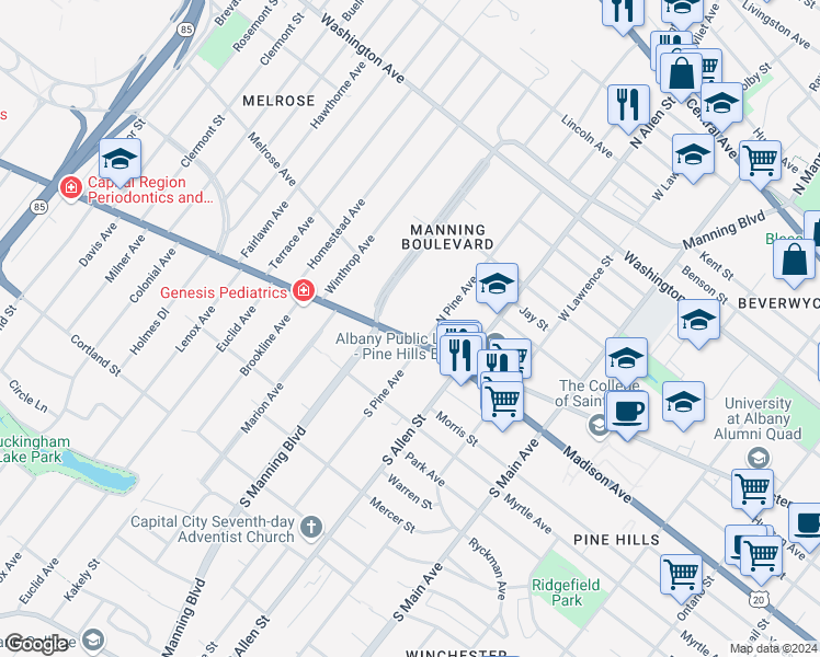 map of restaurants, bars, coffee shops, grocery stores, and more near 571 Western Avenue in Albany