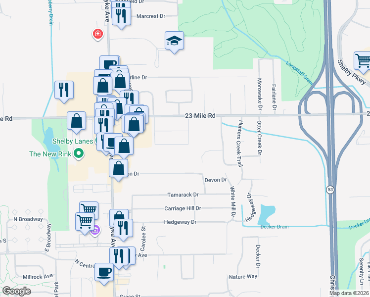 map of restaurants, bars, coffee shops, grocery stores, and more near 8586 Robinwood Circle in Macomb County