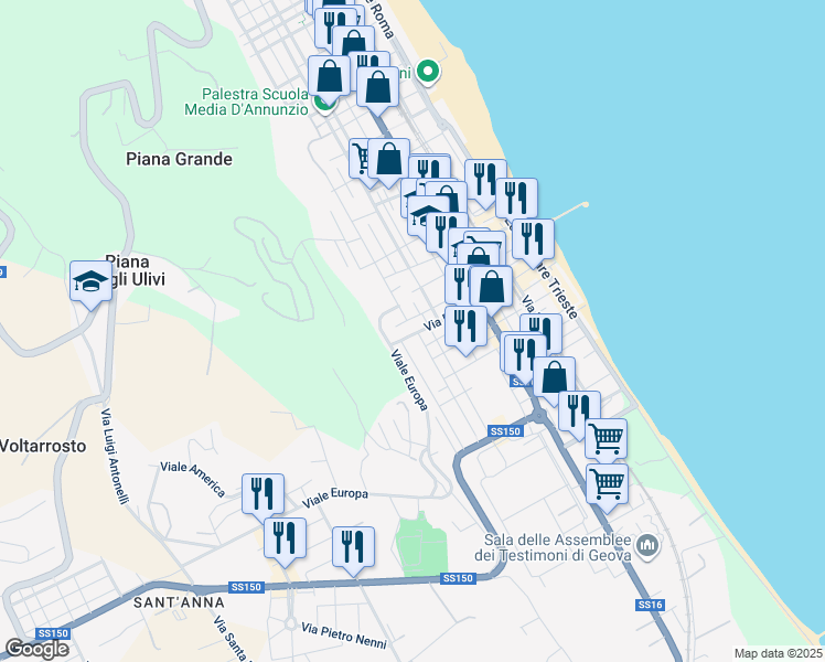 map of restaurants, bars, coffee shops, grocery stores, and more near 40 Via Piave in Roseto degli Abruzzi