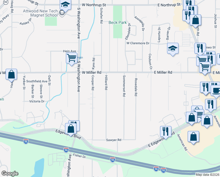 map of restaurants, bars, coffee shops, grocery stores, and more near 6223 Hilliard Road in Lansing