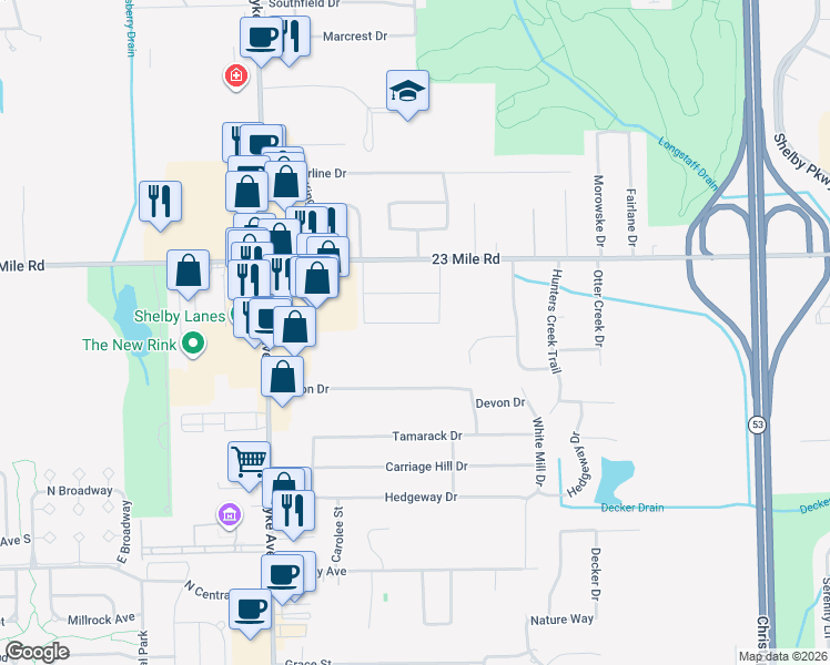map of restaurants, bars, coffee shops, grocery stores, and more near 8586 Robinwood Circle in Macomb County