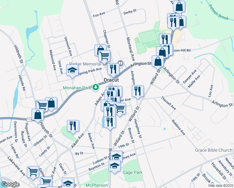 map of restaurants, bars, coffee shops, grocery stores, and more near 17 Elise Avenue in Dracut