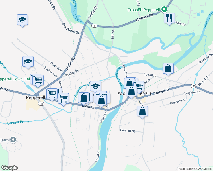 map of restaurants, bars, coffee shops, grocery stores, and more near 16 Mill Street in Pepperell