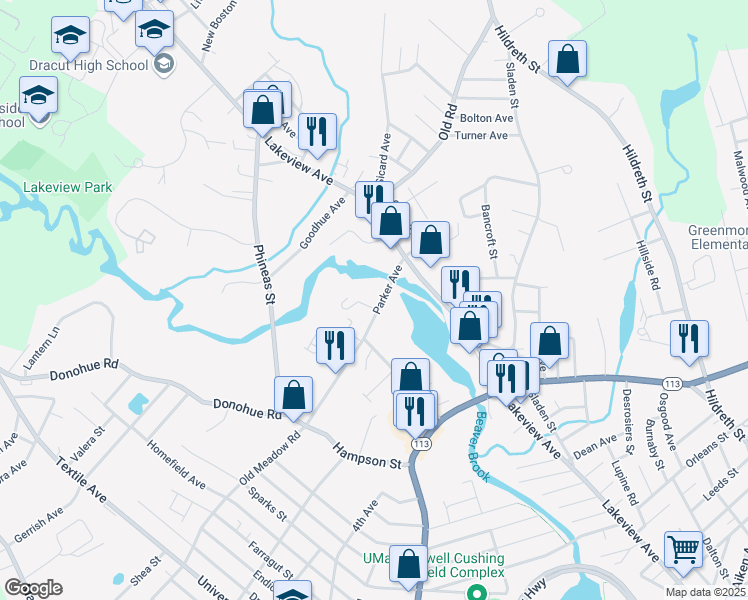 map of restaurants, bars, coffee shops, grocery stores, and more near 45 Parker Avenue in Dracut