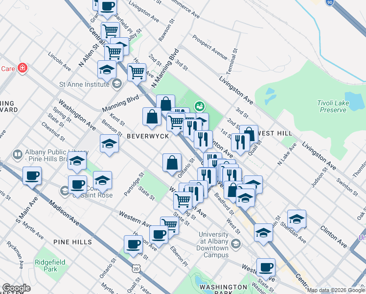 map of restaurants, bars, coffee shops, grocery stores, and more near 398 Central Avenue in Albany