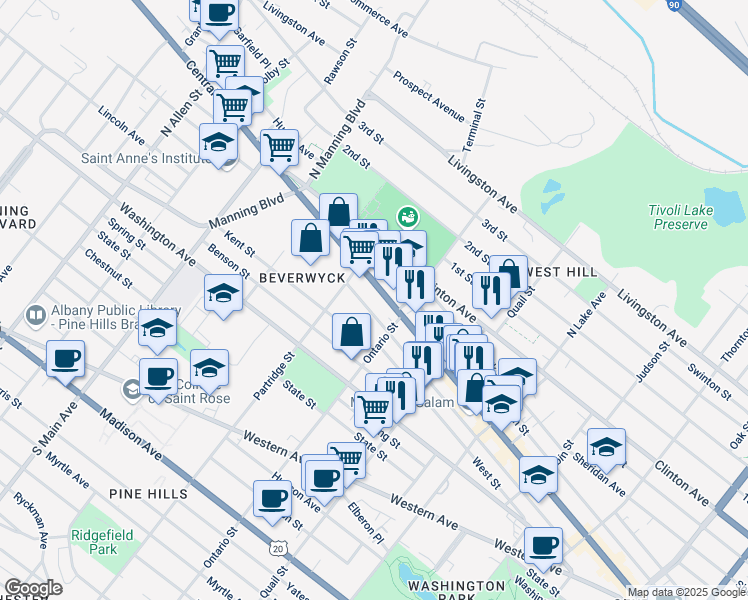 map of restaurants, bars, coffee shops, grocery stores, and more near 398 Central Avenue in Albany