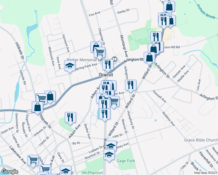 map of restaurants, bars, coffee shops, grocery stores, and more near 17 Elise Avenue in Dracut