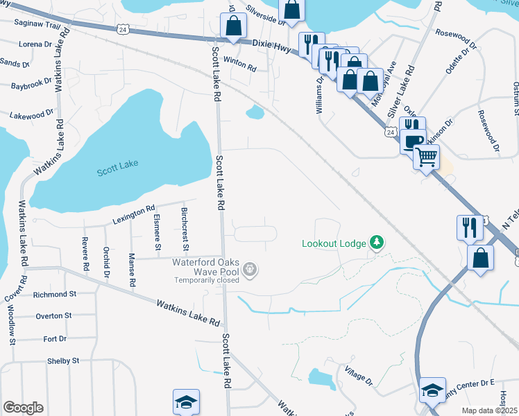 map of restaurants, bars, coffee shops, grocery stores, and more near 1994 Scott Lake Road in Waterford Township