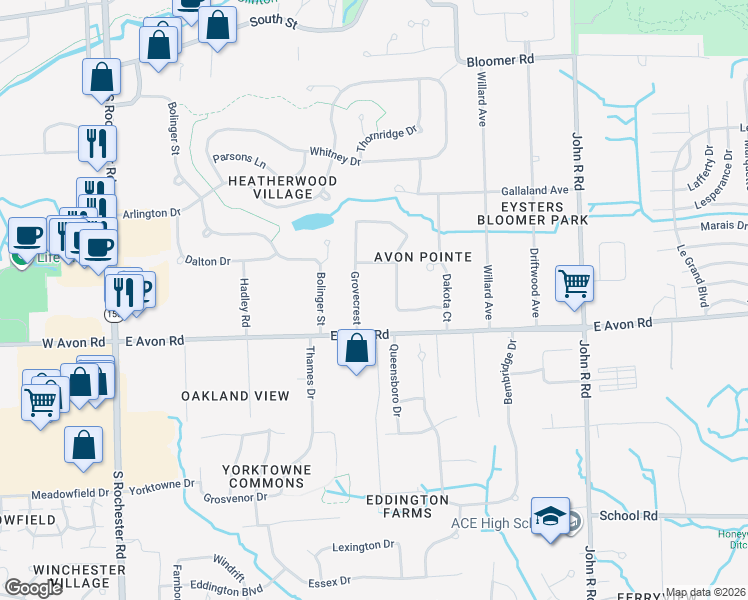 map of restaurants, bars, coffee shops, grocery stores, and more near 929 Grovecrest in Rochester Hills