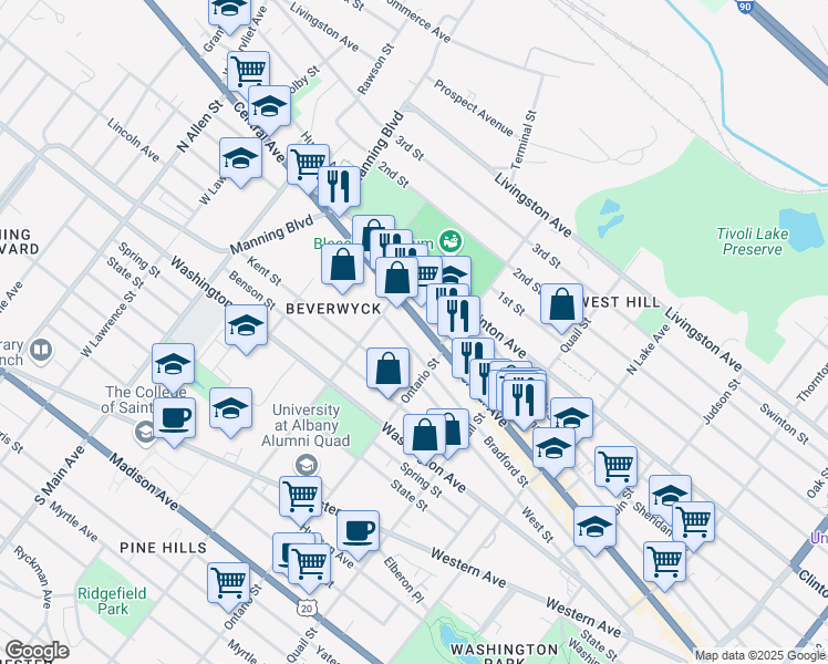 map of restaurants, bars, coffee shops, grocery stores, and more near 398 Central Avenue in Albany