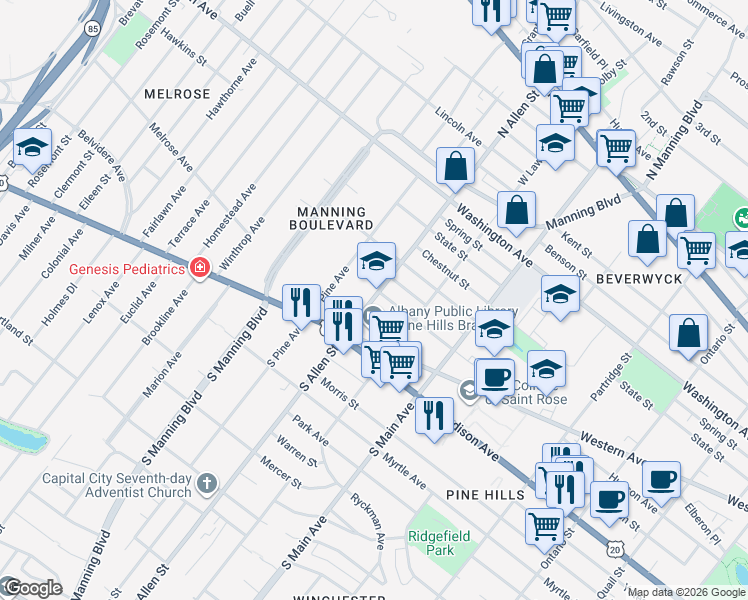 map of restaurants, bars, coffee shops, grocery stores, and more near 36 North Allen Street in Albany