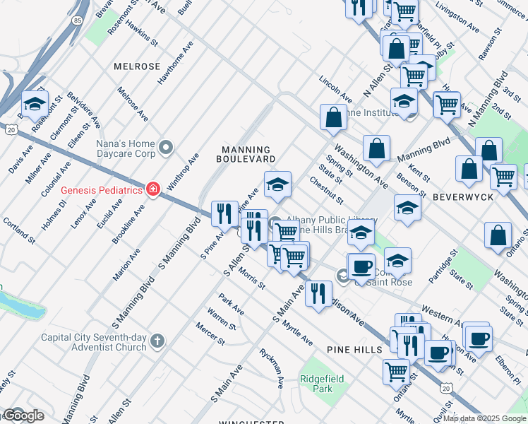map of restaurants, bars, coffee shops, grocery stores, and more near 36 North Allen Street in Albany