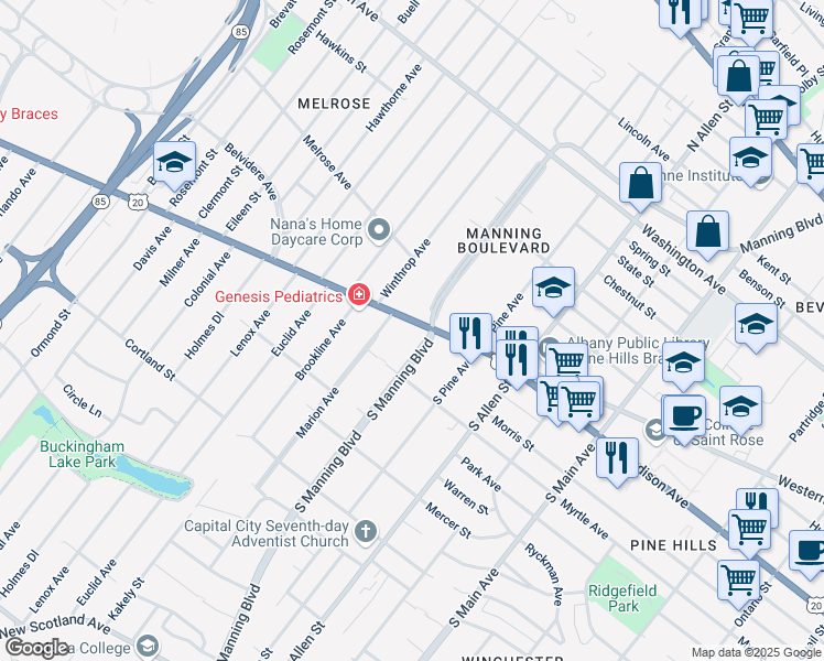 map of restaurants, bars, coffee shops, grocery stores, and more near 586 Western Avenue in Albany