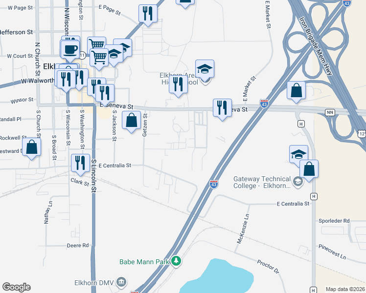 map of restaurants, bars, coffee shops, grocery stores, and more near 219 Lewis Street in Elkhorn
