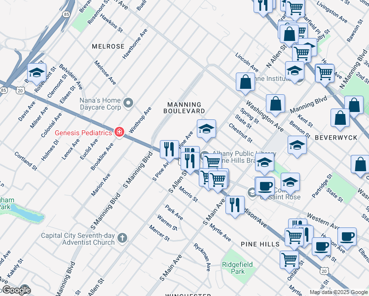 map of restaurants, bars, coffee shops, grocery stores, and more near 21 North Pine Avenue in Albany