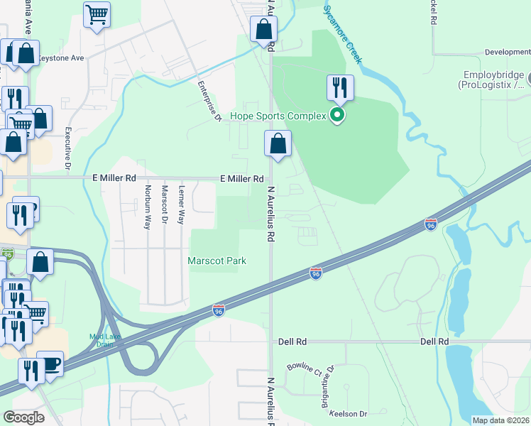 map of restaurants, bars, coffee shops, grocery stores, and more near 6203 Aurelius Rd in Lansing