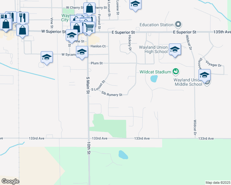 map of restaurants, bars, coffee shops, grocery stores, and more near 313 Sib Rumery Street in Wayland