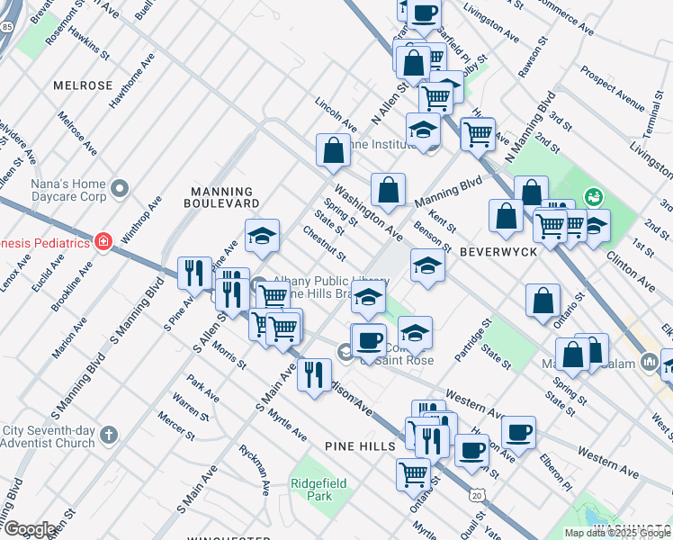 map of restaurants, bars, coffee shops, grocery stores, and more near 796 Chestnut Street in Albany
