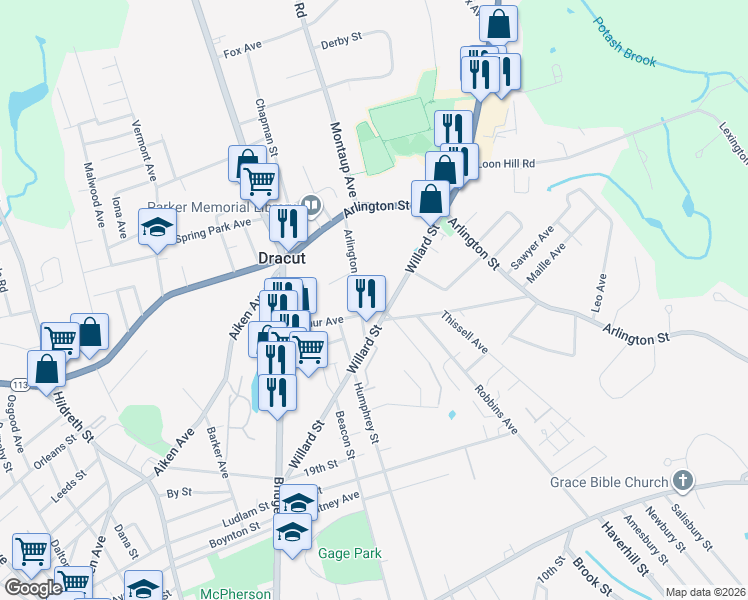 map of restaurants, bars, coffee shops, grocery stores, and more near 1 Houle Avenue in Dracut