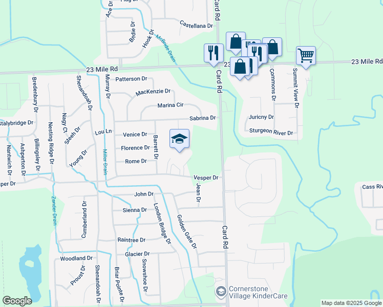 map of restaurants, bars, coffee shops, grocery stores, and more near 21729-21755 Vesper Dr in Macomb