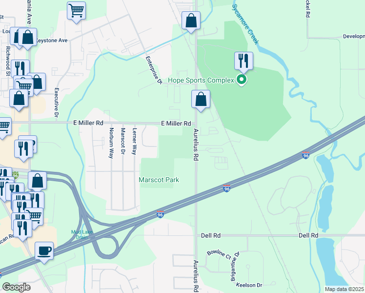 map of restaurants, bars, coffee shops, grocery stores, and more near 1906 East Miller Road in Lansing