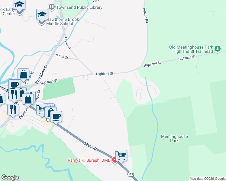 map of restaurants, bars, coffee shops, grocery stores, and more near 12 Old Meeting House Road in Townsend