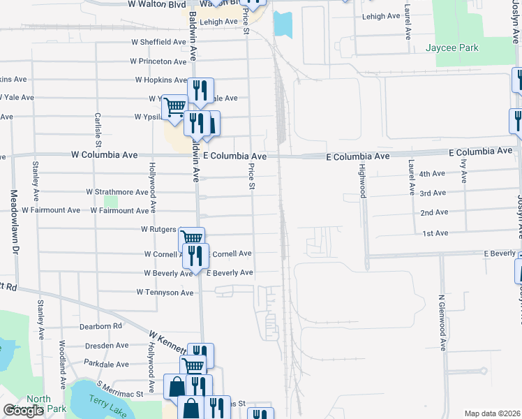 map of restaurants, bars, coffee shops, grocery stores, and more near 97 E Fairmount Ave in Pontiac