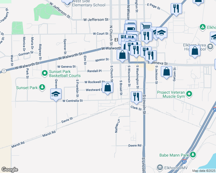 map of restaurants, bars, coffee shops, grocery stores, and more near 202 Westward Drive in Elkhorn