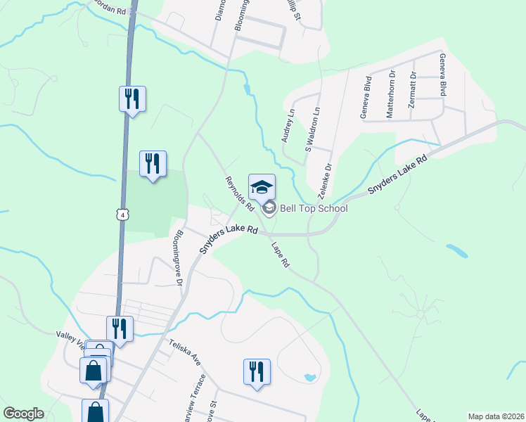 map of restaurants, bars, coffee shops, grocery stores, and more near 49 Reynolds Road in Troy