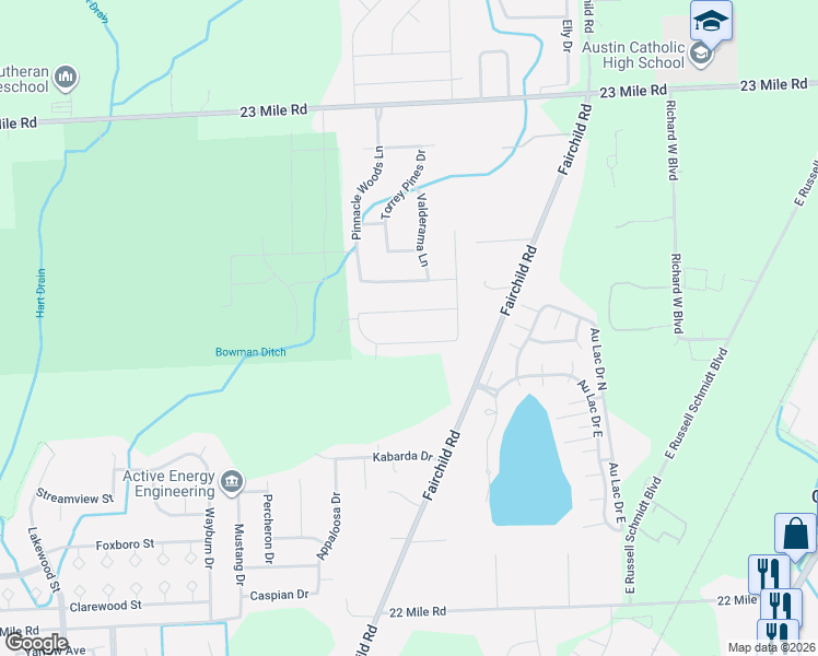 map of restaurants, bars, coffee shops, grocery stores, and more near 24774 Pebble Beach Lane in Macomb