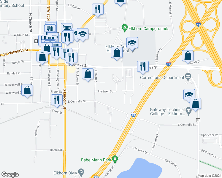 map of restaurants, bars, coffee shops, grocery stores, and more near 442 Hartwell Street in Elkhorn