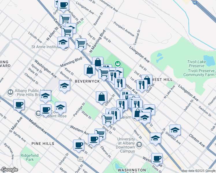 map of restaurants, bars, coffee shops, grocery stores, and more near 400 Central Avenue in Albany