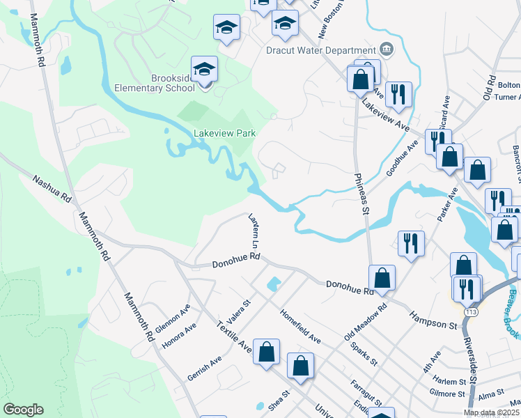 map of restaurants, bars, coffee shops, grocery stores, and more near 31 Lantern Lane in Dracut