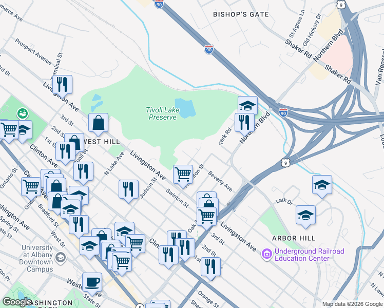 map of restaurants, bars, coffee shops, grocery stores, and more near 76 Beverly Avenue in Albany