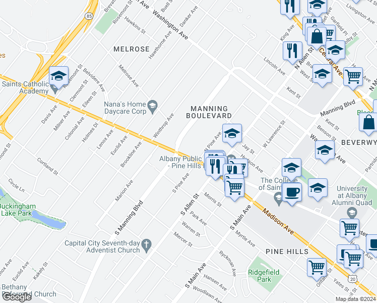 map of restaurants, bars, coffee shops, grocery stores, and more near 571 Western Avenue in Albany