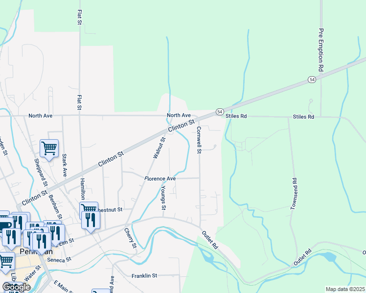 map of restaurants, bars, coffee shops, grocery stores, and more near 411 Clinton Street in Penn Yan