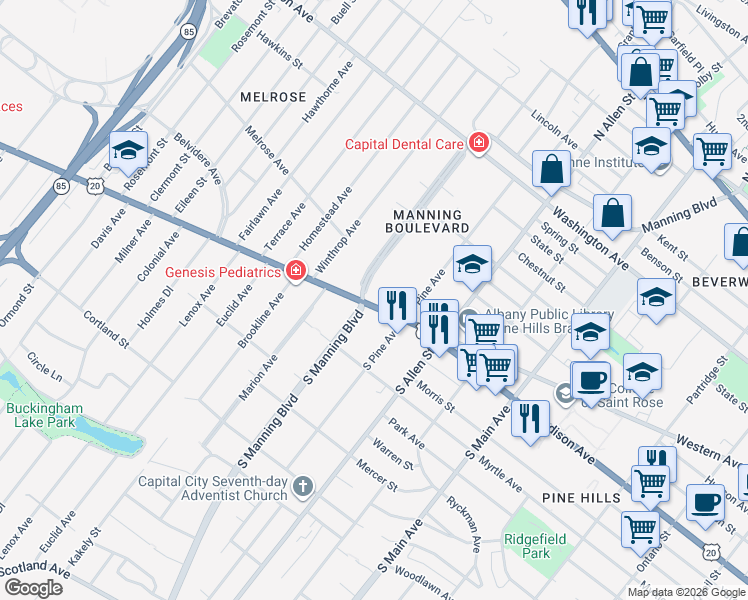 map of restaurants, bars, coffee shops, grocery stores, and more near 1 Manning Boulevard in Albany