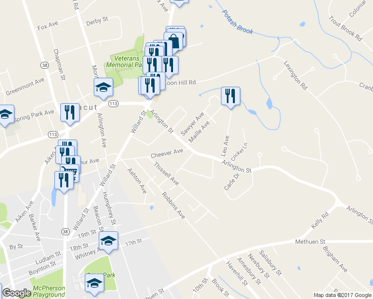 map of restaurants, bars, coffee shops, grocery stores, and more near 130 Cheever Avenue in Dracut