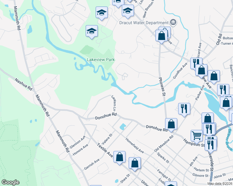 map of restaurants, bars, coffee shops, grocery stores, and more near 31 Lantern Lane in Dracut