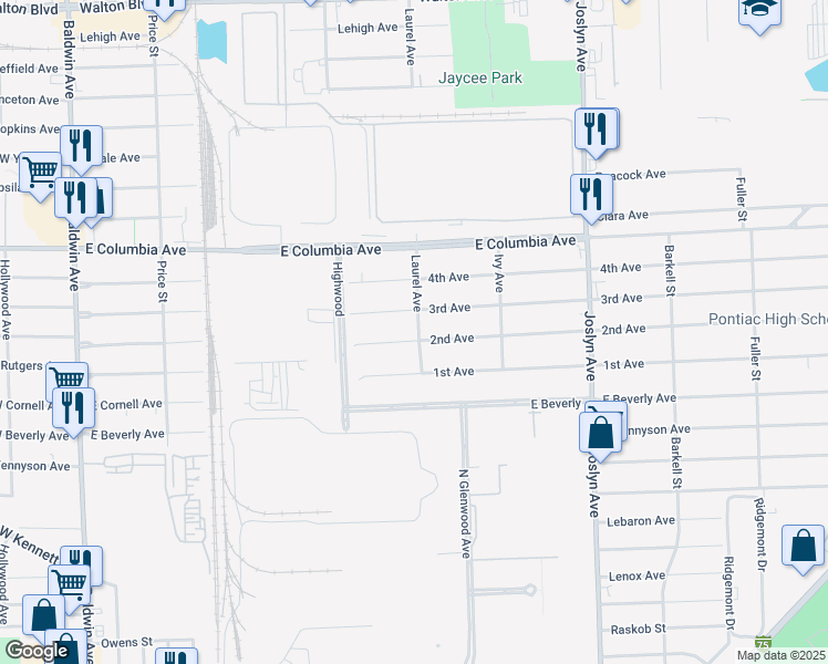 map of restaurants, bars, coffee shops, grocery stores, and more near 355 2nd Avenue in Pontiac