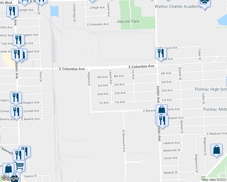 map of restaurants, bars, coffee shops, grocery stores, and more near 365 2nd Avenue in Pontiac