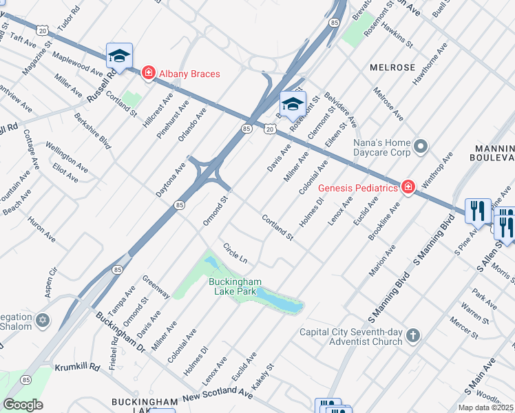 map of restaurants, bars, coffee shops, grocery stores, and more near 44 Milner Avenue in Albany