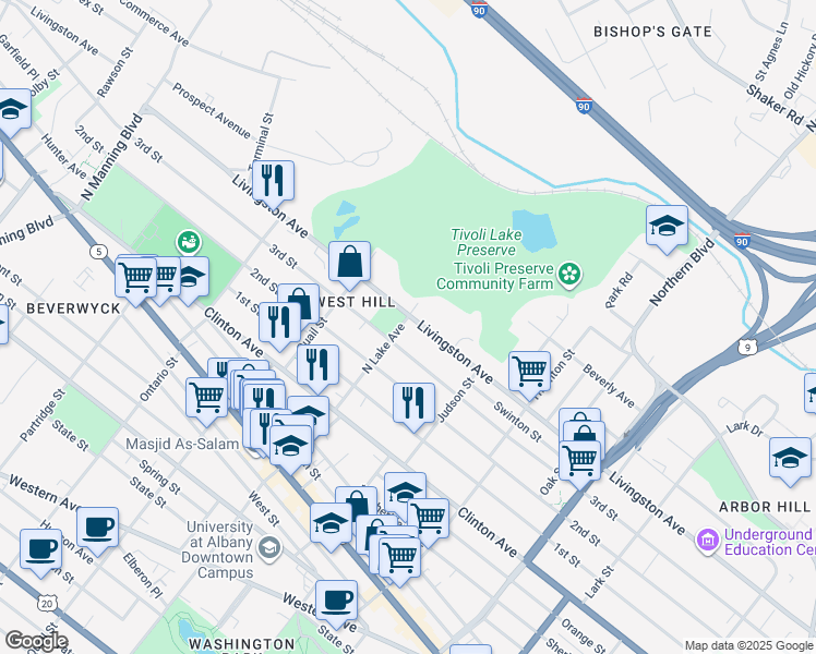 map of restaurants, bars, coffee shops, grocery stores, and more near 466 Livingston Avenue in Albany