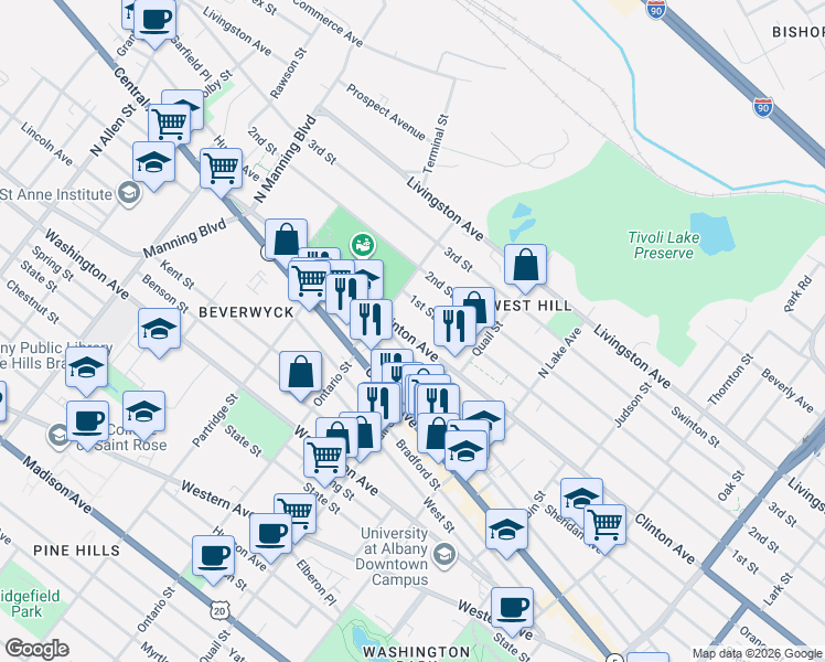 map of restaurants, bars, coffee shops, grocery stores, and more near 640 Clinton Avenue in Albany