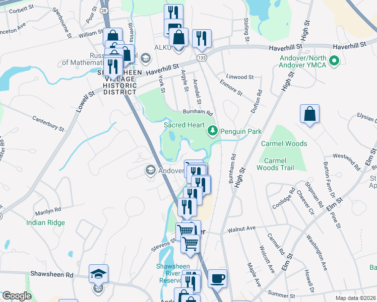 map of restaurants, bars, coffee shops, grocery stores, and more near 100 Washington Park Drive in Andover