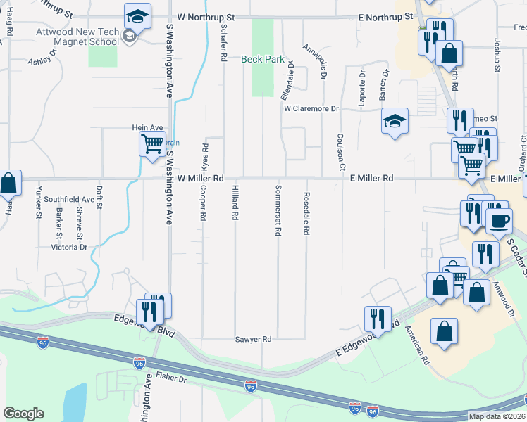 map of restaurants, bars, coffee shops, grocery stores, and more near 6226 Sommerset Road in Lansing